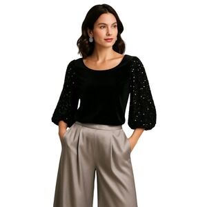 Black Velvet Top Sequin Sleeves Womens M Blouse Evening Holiday Cocktail Party